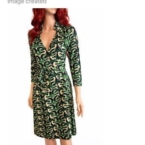 Diane Von Furstenberg Black and Green Long Sleeve Dress